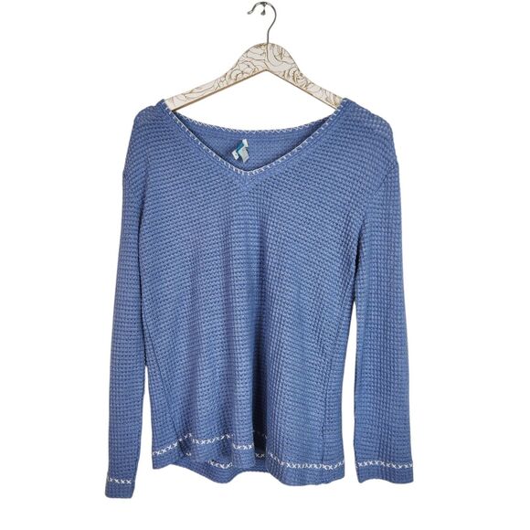 SUNDANCE Sweater Womens XS Blue Thick Stitch Thermal V‎ Neck Top Cabincore - Picture 1 of 9